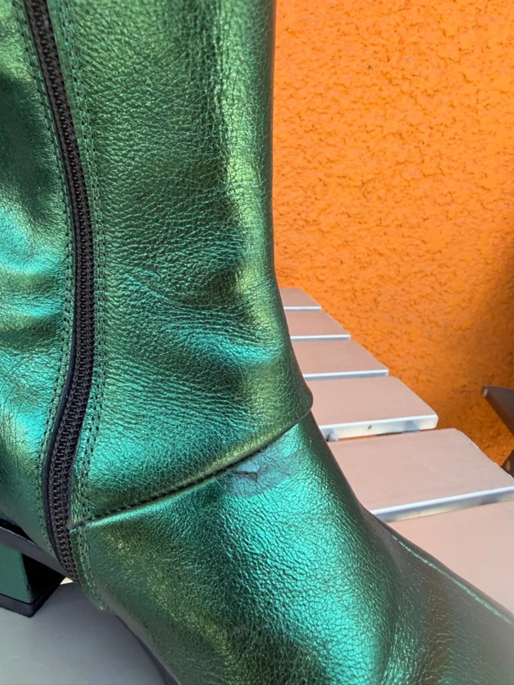 L-Intervalle Metallic Emerald‎ Green Stitched Ankle Boots Low Block Heel Zipper